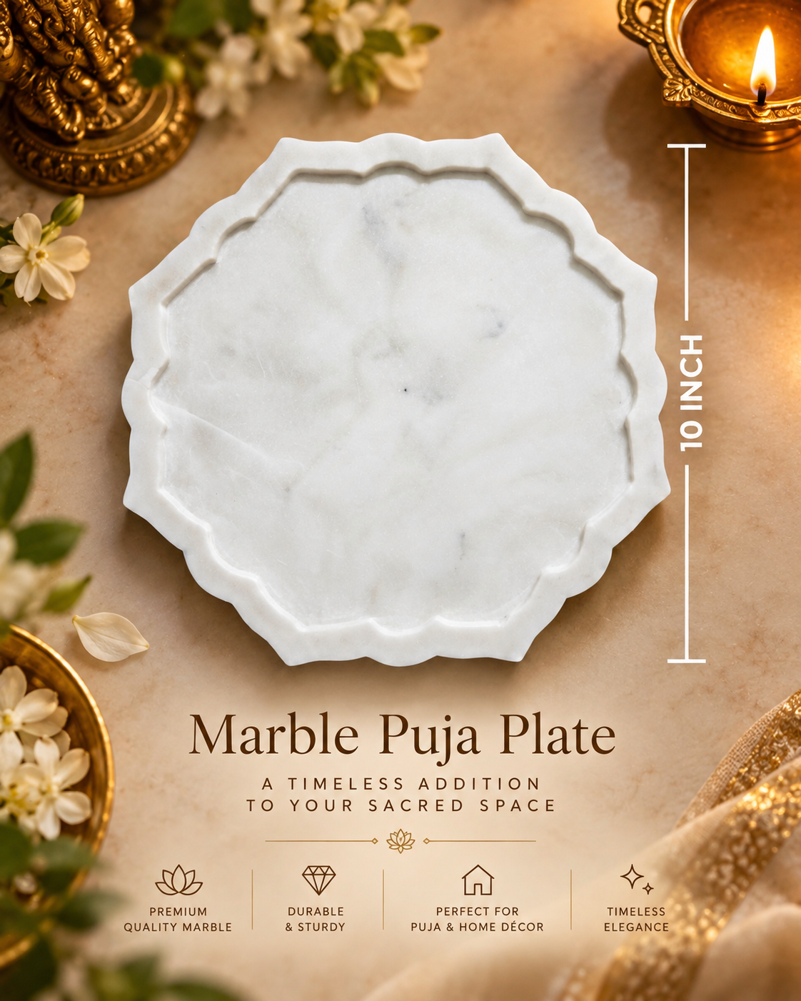 Four-sided marble plate and brass diya set - Image 6