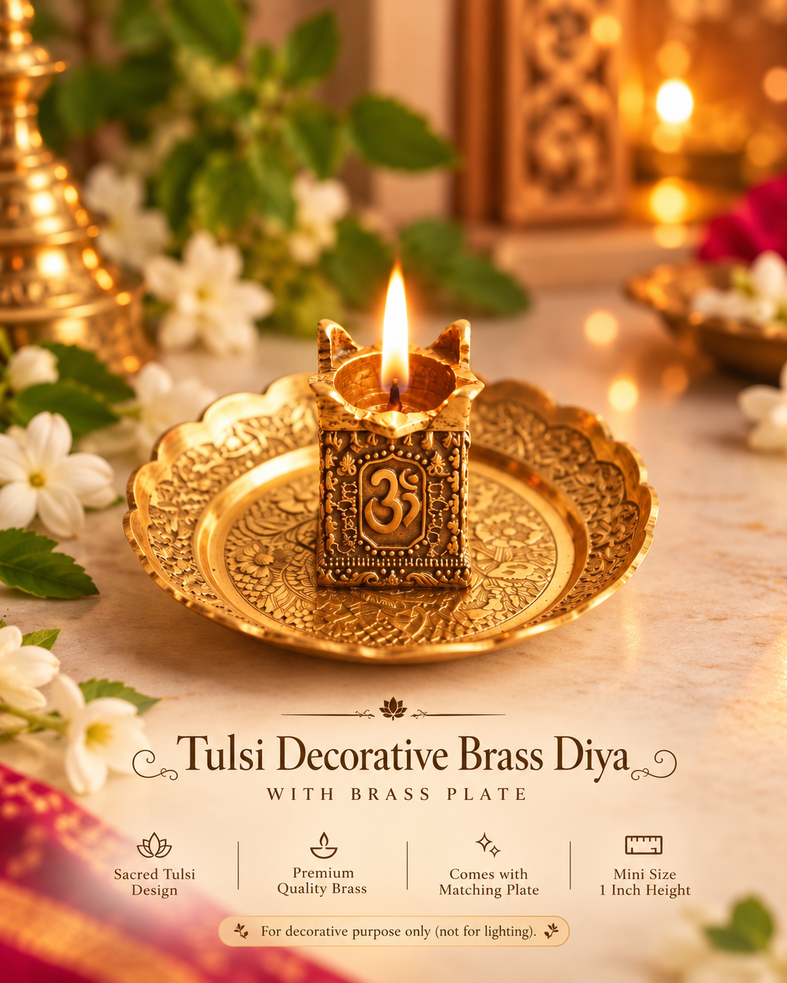 Four-sided marble plate and brass diya set - Image 7